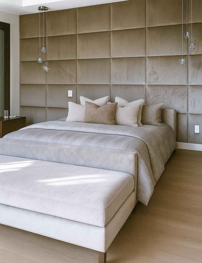 Modern bedroom with full-wall panels and a bench at the foot of a California king bed by Solo Home Decor