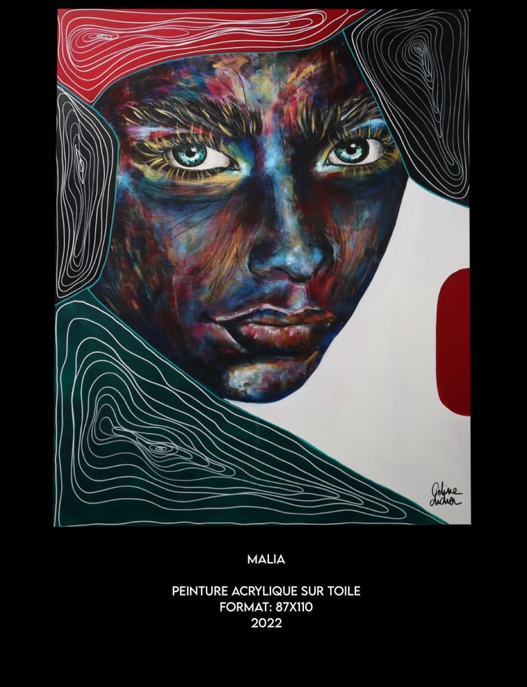 Portait féminin contemporain Céline Didier artiste peintre expression colorée et contrastée aux tons rouge blanc vert noir