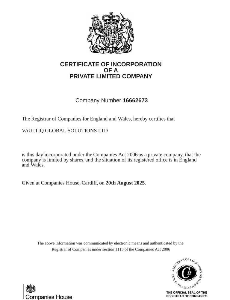 UK Certificate of Incorporation for VaultIQ Global Solutions Ltd confirming authenticity