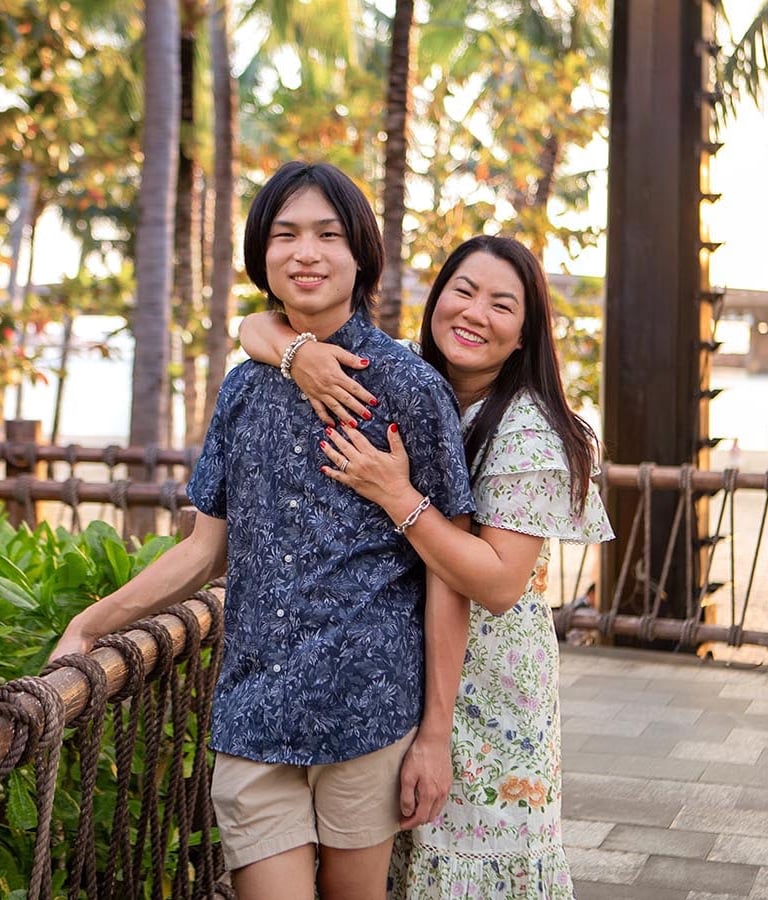 Mother and son family photoshoot in Sunset Town Phu Quoc in January at golden hour