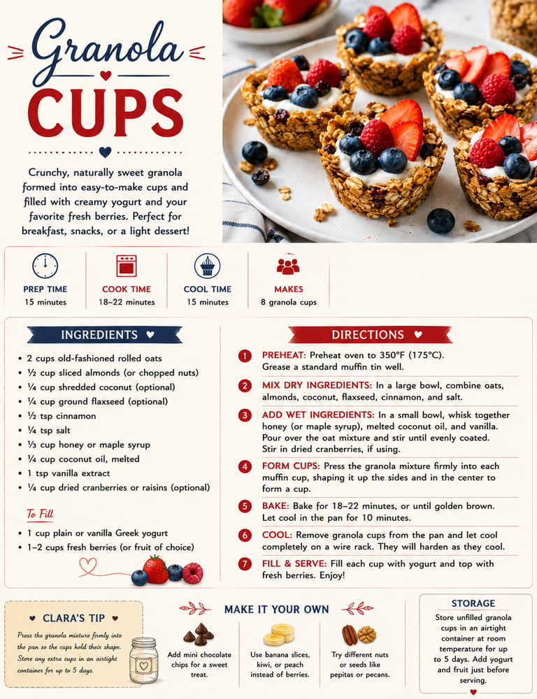 Recipe card for healthy granola cups filled with Greek yogurt and fresh berries, including ingredients and baking