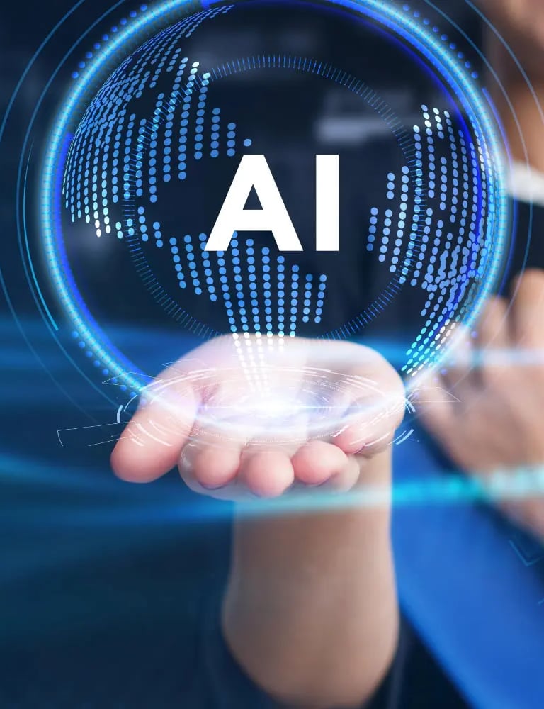 En hand håller fram en blå digital jordglob med texten AI i vitt.