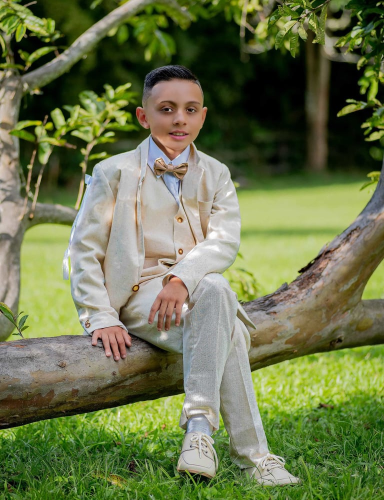 Un niño con un traje formal de color crema y pajarita sentado en la rama de un árbol al aire libre.