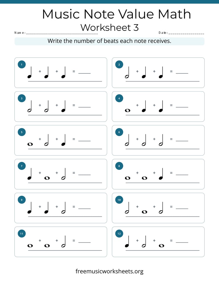 Music Note Value Math Worksheet 3