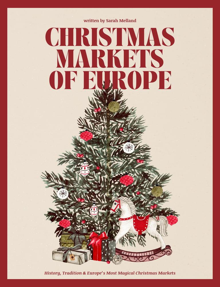 Book cover for Christmas Markets of Europe featuring a decorated pine tree with gifts and a rocking horse.