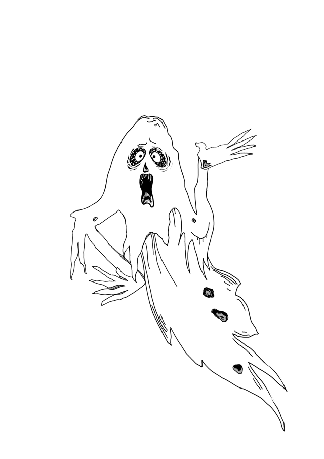 an argumentative ghost with hand on hip