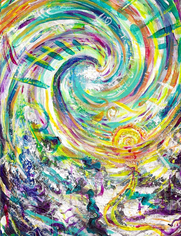 peinture acrylique aux couleurs vives représentant un paysage montagneux enneigé au style psychédélique et abstrait