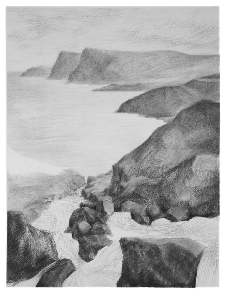 a drawing of a rocky beach with rocks and water