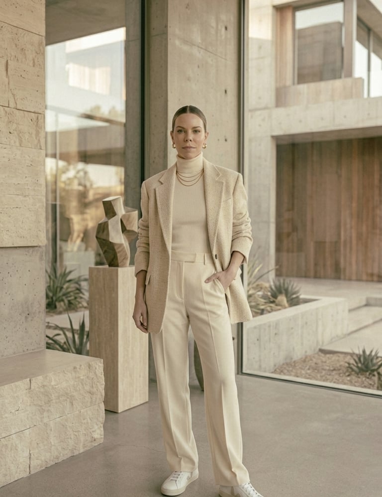 Monochrome neutral outfit featuring cream trousers and oversized blazer