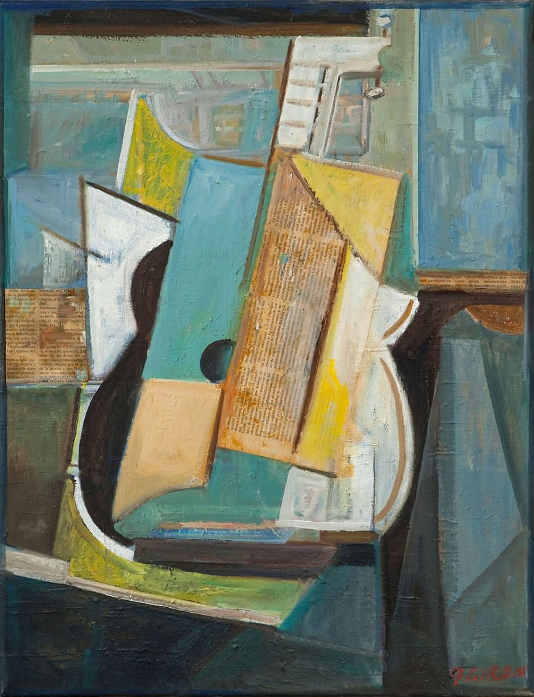 Guitarra, óleo del artista pintor Argi Girón. Guitar collage oil still life artist painter