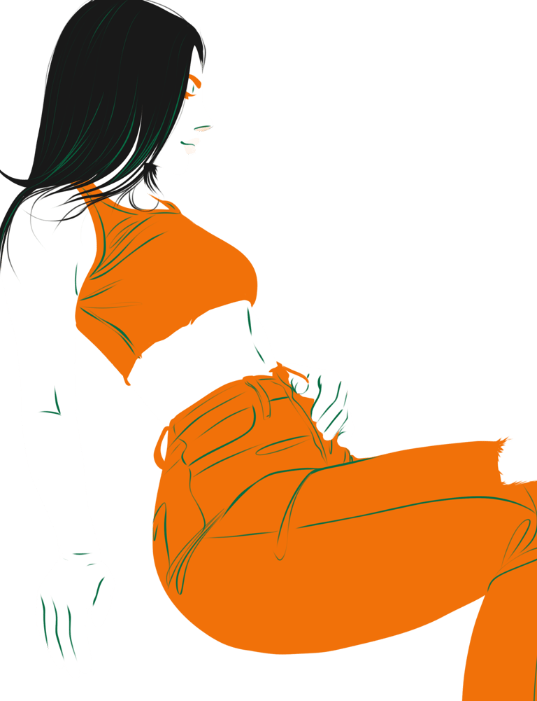 Ilustração de uma mulher sentada, pensando e um leve sorriso, olhar sereno. Regata e calça jeans laranja. Tom de pele branco 