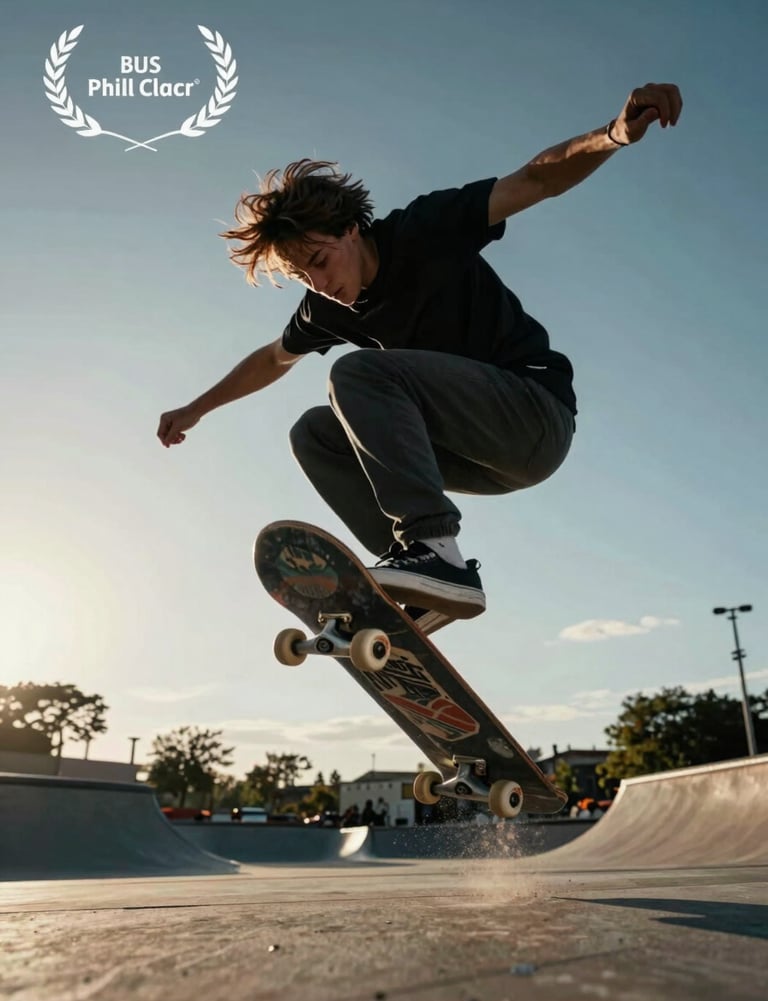 Dynamic action photography of a skateboarder mid-air, motion blur and high-contrast professional lighting.