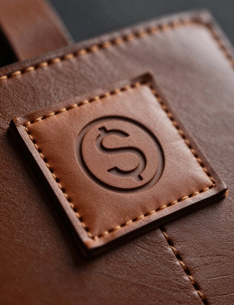 Extreme close-up of a high-quality leather patch being applied to a custom memorial item, showing professional detail and textures in a warm, muted color scheme.