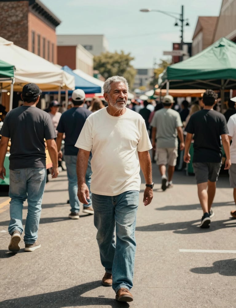 Street photography of a vibrant North American / US market square, capturing the energy and culture, candid and sharp, Sage Green and Warm Off-white accents.