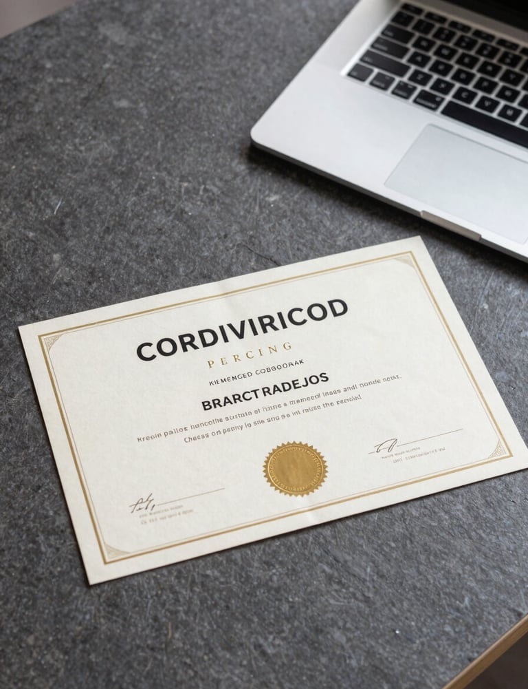 A photograph of a technical certificate sitting on a dark slate grey desk next to a modern professional laptop. Clean, bright off-white lighting highlights the achievement.