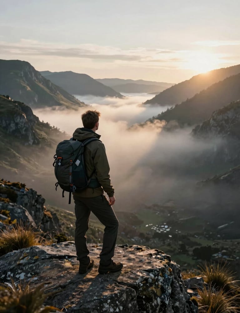 A hiker looking out over a valley filled with mist at sunrise. The lighting is cinematic, highlighting the authentic texture of the landscape.