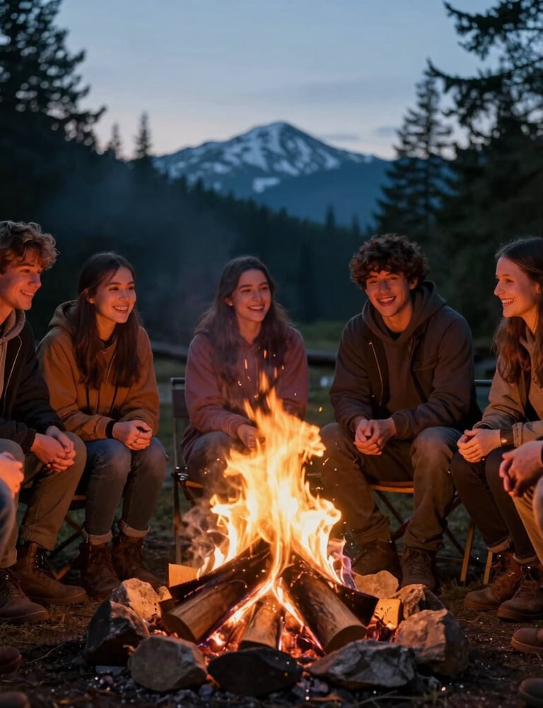 Candid shot of friends around a campfire in the US Pacific Northwest, warm firelight glowing on faces, cinematic evening atmosphere.