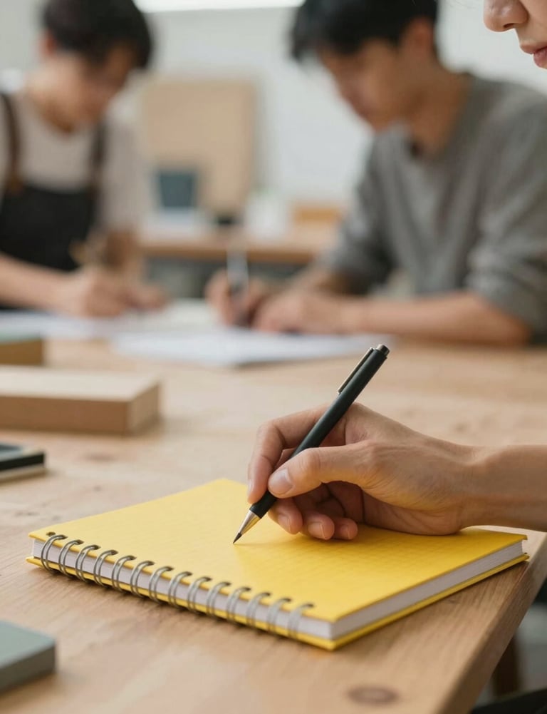 Candid shot of people in a workshop setting, blurred background, focused on a yellow notebook on a table.