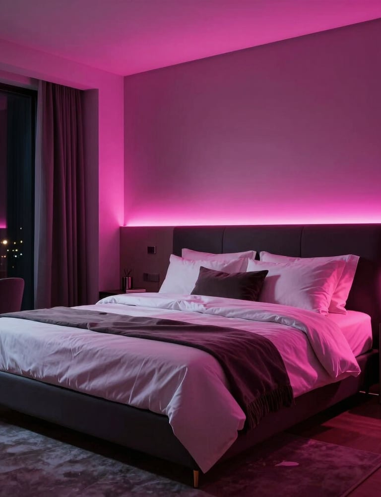 Glamorous modern bedroom scene with atmospheric magenta neon backlighting, high-end design, luxurious modeling environment.