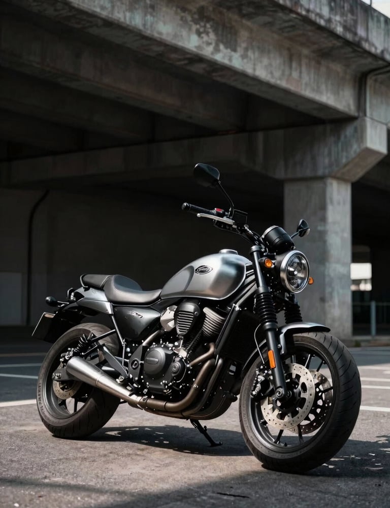 An edgy urban shot of a motorcycle parked under a concrete overpass. The scene features high-contrast jet black shadows and sharp silver grey highlights on the metal parts. Global / Western industrial setting.