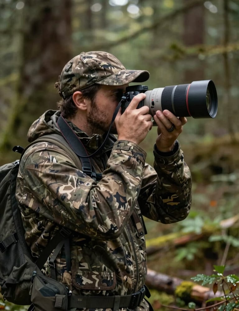 A wildlife photographer in the Pacific Northwest woods, camouflaged gear, holding a large charcoal gray lens, soft natural lighting.