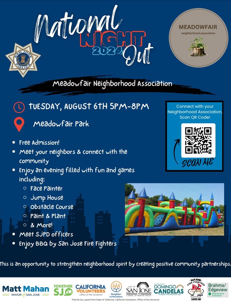 Flyerr for National Night Out at San Jose, CA. Hosted by Meadowfair Neighborhood Association.