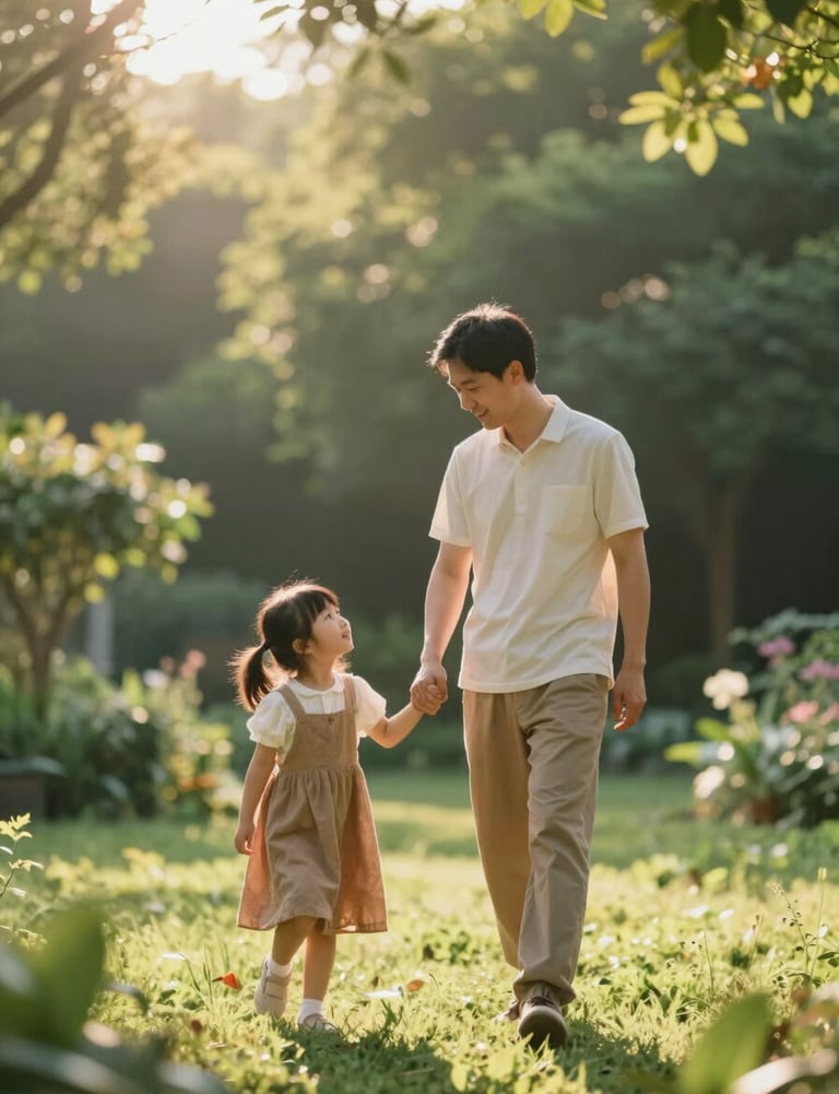 A father and daughter playing in a sun-drenched garden, cinematic lighting with lens flares, warm #C06C4C tones and soft green textures.