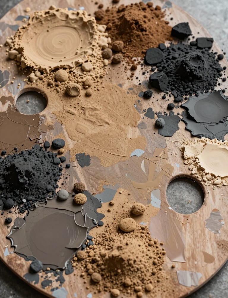 The artist's palette covered in various shades of Warm sand, Deep charcoal, and Earthy taupe, messy and beautiful process shot.