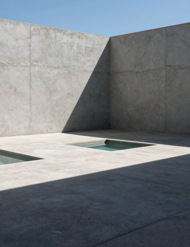 Bright, direct sunlight hitting a minimalist light grey concrete courtyard in Brazil. Sharp, dark charcoal shadows create artistic patterns on the floor. A single small pool of water reflects the baby blue sky.