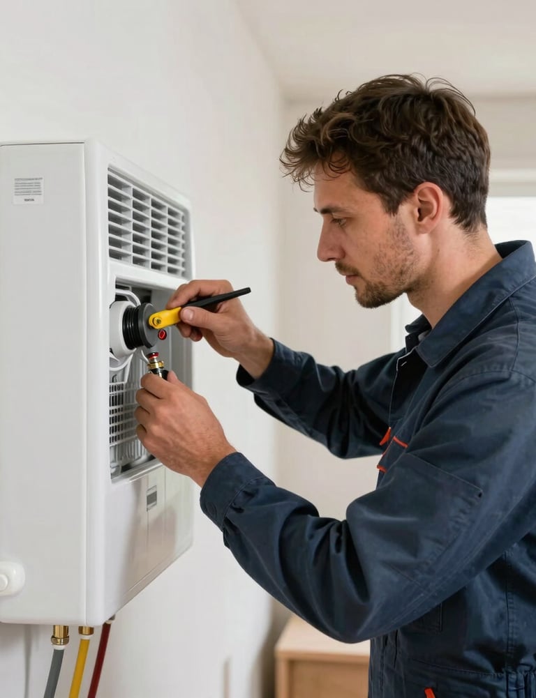 A professional craftsman in slate blue workwear installing a heating system in a modern house, focus on technical precision and cleanliness, Northeastern France / Grand Est.