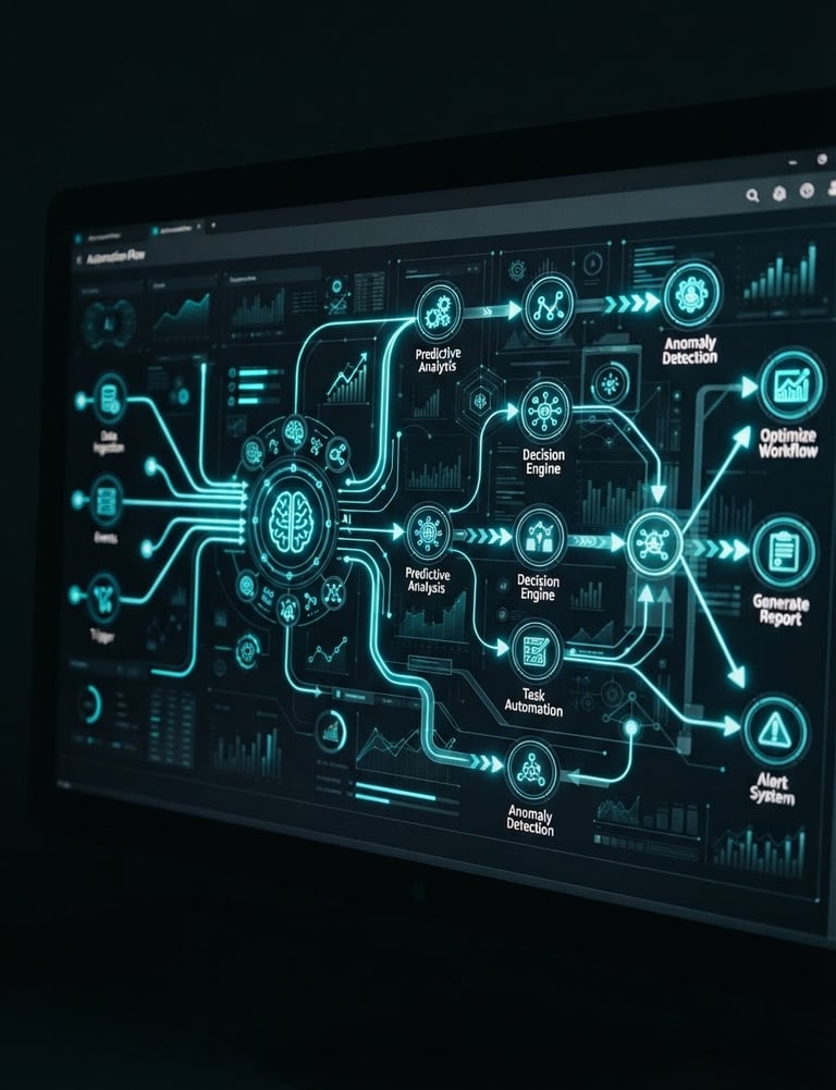 Sleek dark-mode interface visual showing AI automation flow on a screen, neon cyan accents, sharp focus, premium corporate aesthetic, 35mm