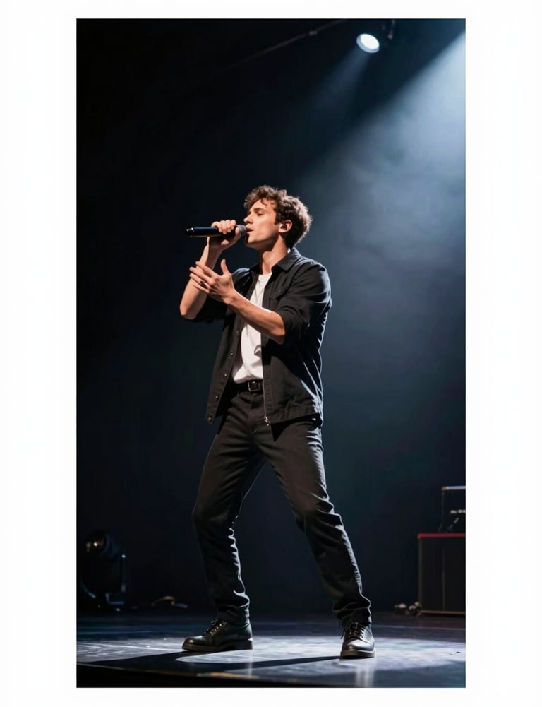 Julian Vance performing on a theater stage, #F5F5F5 stage light hitting a #333333 background, dramatic and artistic action shot, professional photography.