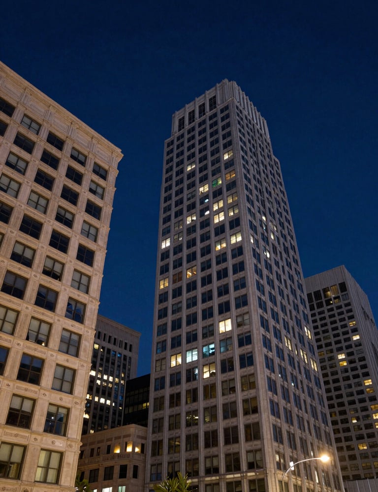 A low-angle photograph of striking North American / US urban architecture under a deep navy sky at dusk.