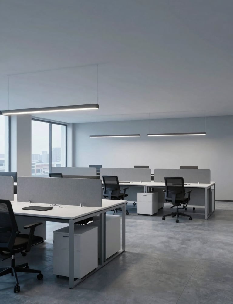 A spacious 3D visualization of a modern open-plan office. Minimalist workstations, soft blue-grey lighting, Northern European architecture, clean and professional atmosphere.