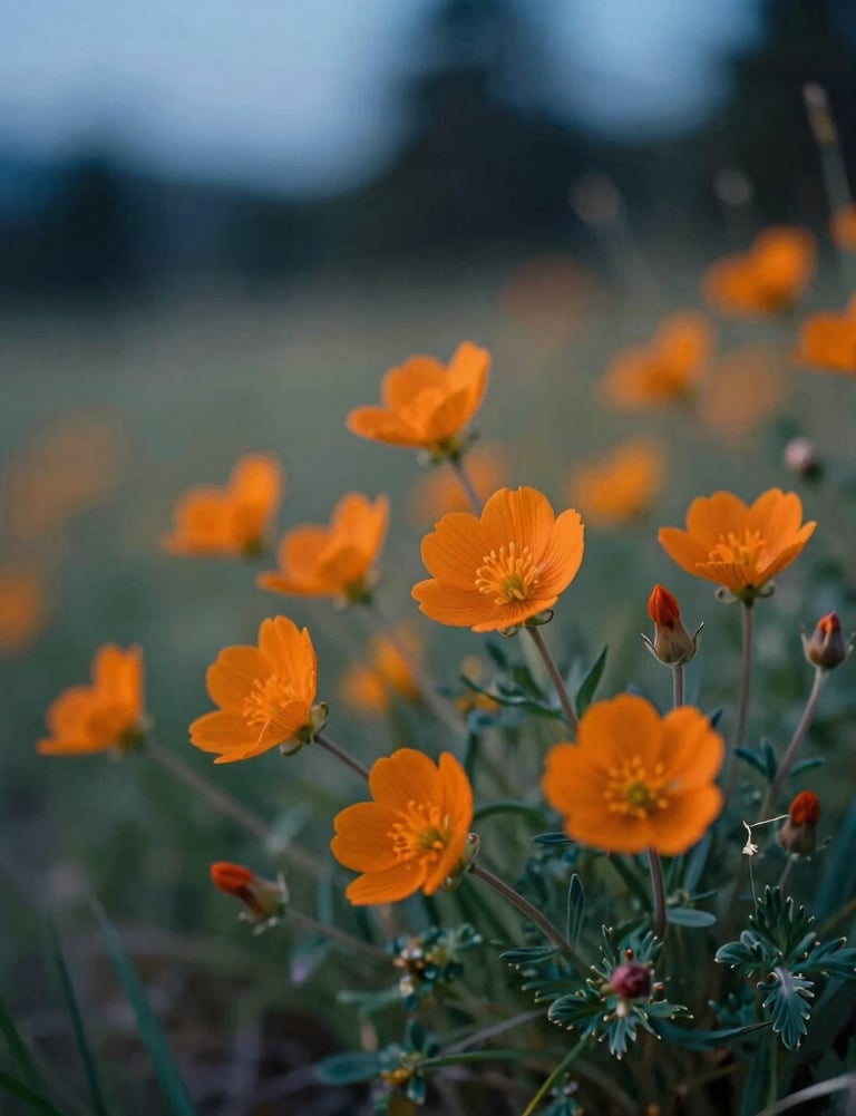 A cluster of vibrant orange wildflowers in a North American / US meadow at twilight, artistic bokeh effect, sophisticated and modern photography style.