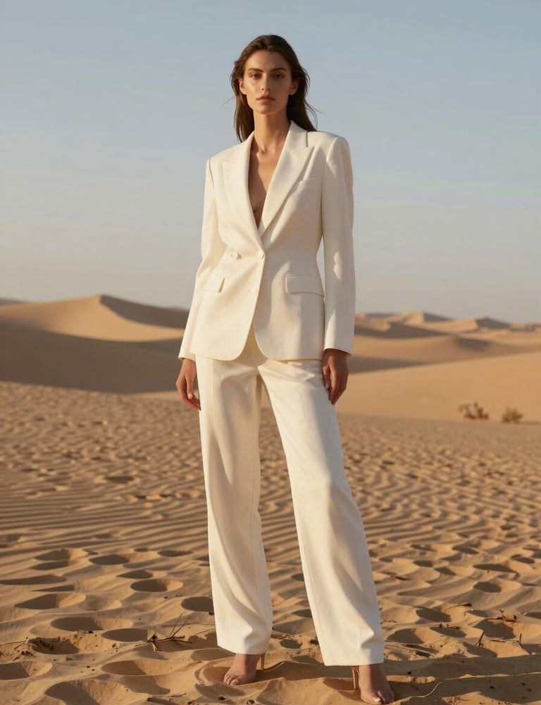 A fashion model posing in a North American / US desert at golden hour, wearing soft alabaster white luxury apparel, muted champagne gold sunlight, artistic composition.