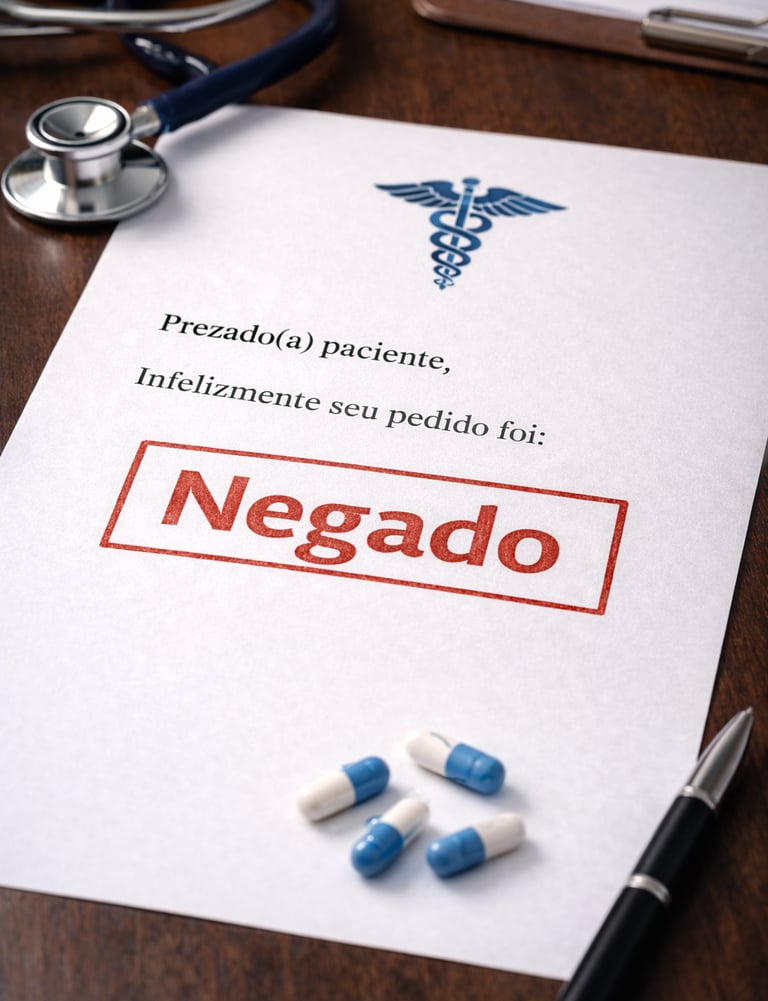 crie uma foto ultrarrealista e em alta resolução com com documento médico + carimbo de negativa. dei