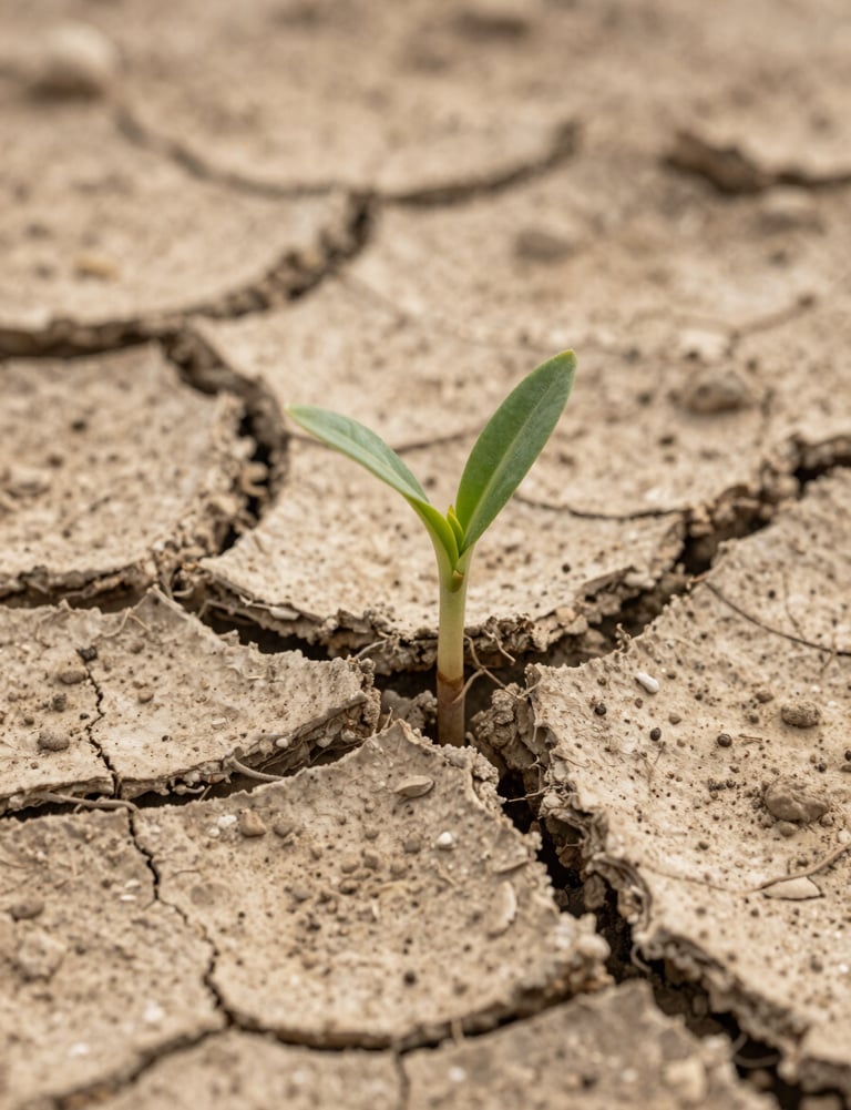 A close-up shot of dry, cracked earth with a single green sprout emerging, captured in earthy warm beige and taupe colors.