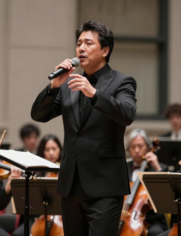A high-resolution photo of a singer performing with a professional orchestra in a US city, capturing the elegant movement of the conductor and the soloist.