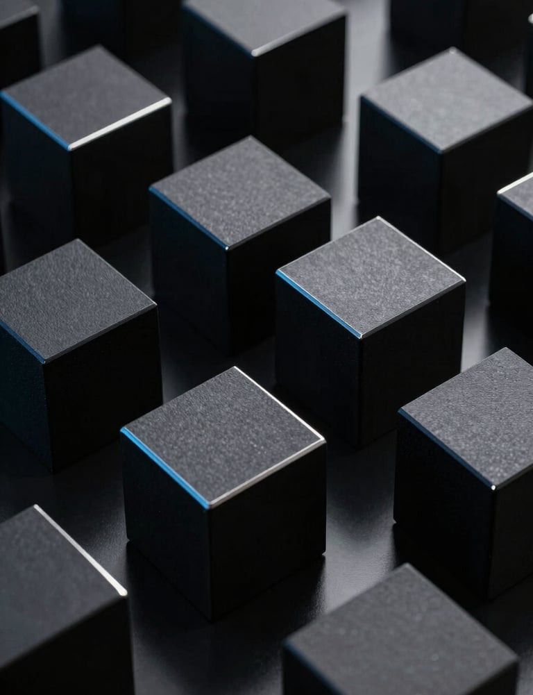 Abstract arrangement of black geometric blocks on a black reflective surface. The only light comes from above, defining the edges in silver-blue.