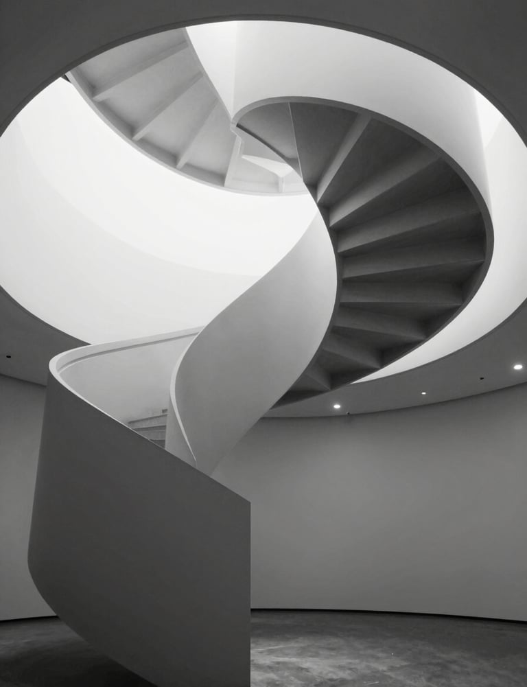 A minimalist black and white photograph of a spiral staircase in a contemporary art museum, emphasizing geometry and light.