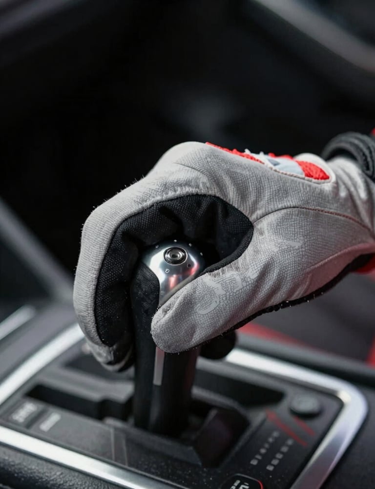 Detail of a driver's gloved hand on a gear shifter, focus on texture and precision, sleek grey and red color palette, North American / US racing series.