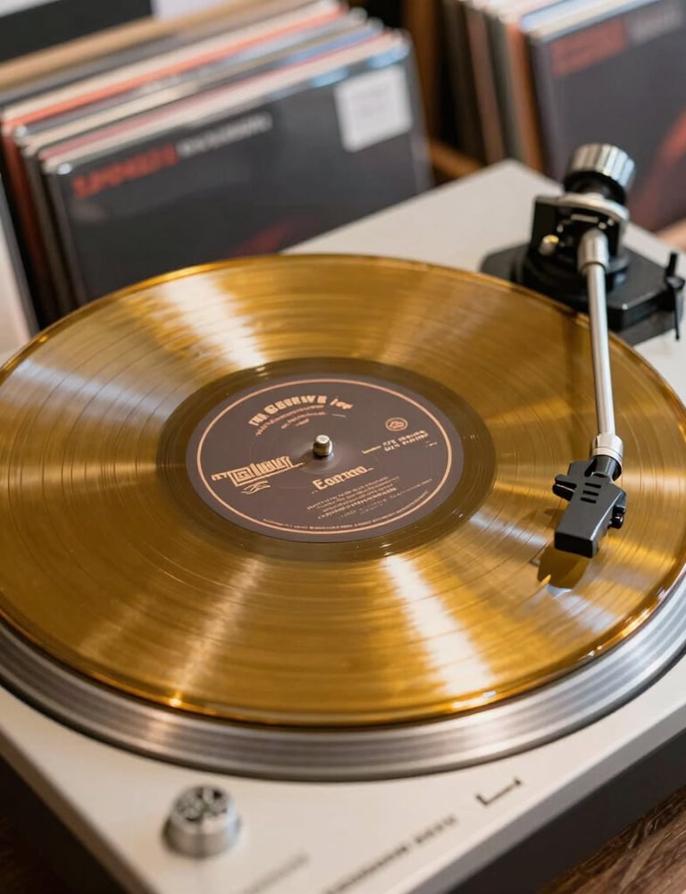 A limited edition gold vinyl record spinning on a modern turntable, bright bold lighting, North American / US record store vibe.