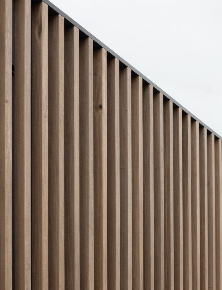 Architectural detail of a facade featuring rhythmic vertical slats in a warm muted wood tone #6B6760 against a crisp #FBF9F6 sky.