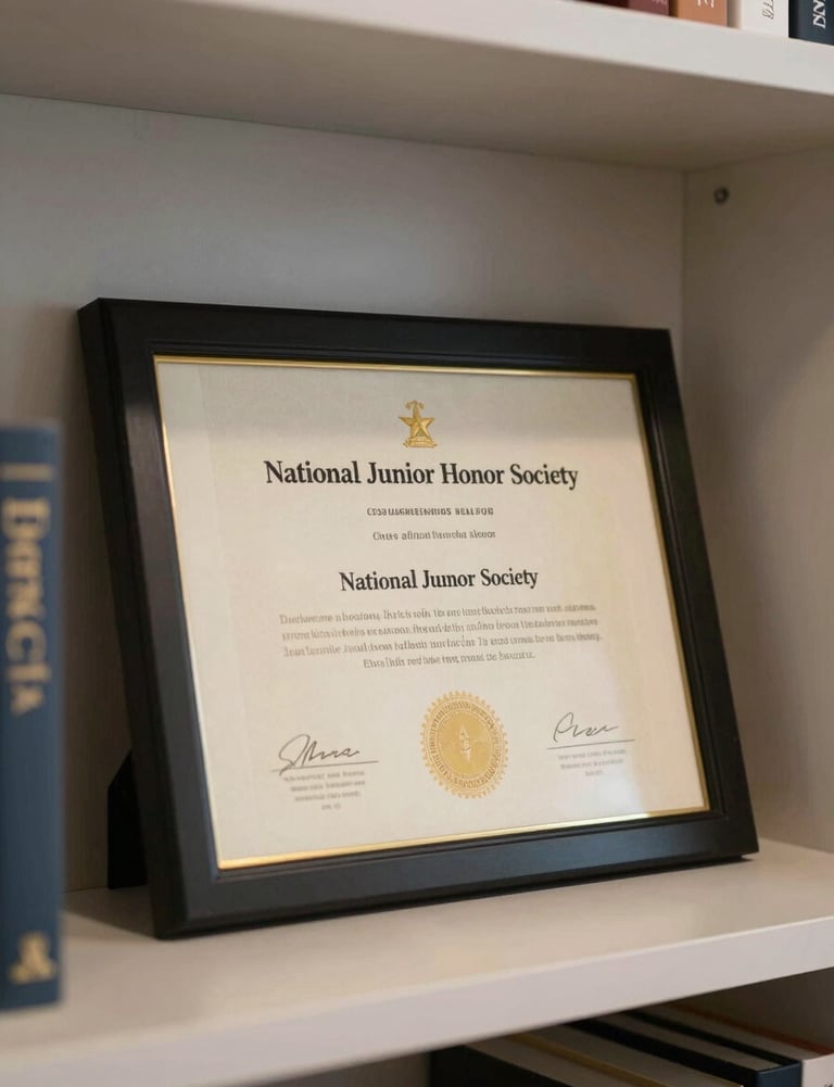 A prestigious National Junior Honor Society certificate framed and sitting on a light-colored shelf in a modern North American home.