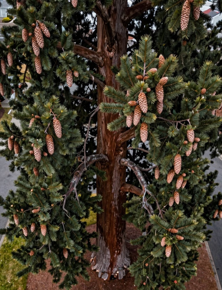 Detailed drone view of sequoia cones and branches against a backdrop of a residential driveway in Eugene, Oregon. The composition emphasizes the scale of the tree relative to the urban environment.
