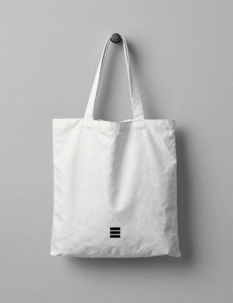 A minimalist white tote bag with a small black studio logo centered, hanging on a light grey wall, soft natural light, #ECF0F1 and #0A1118.