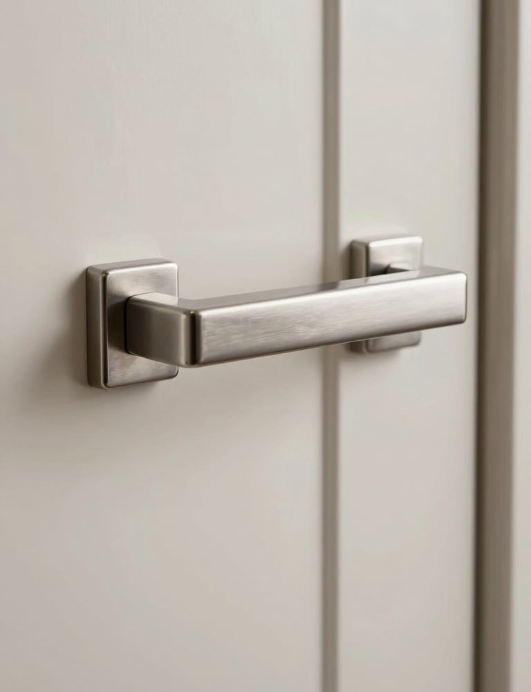 A detailed shot of a custom-made architectural door handle made from solid stainless steel. The finish is brushed and the design is strictly geometric. Soft off-white and deep charcoal color palette.