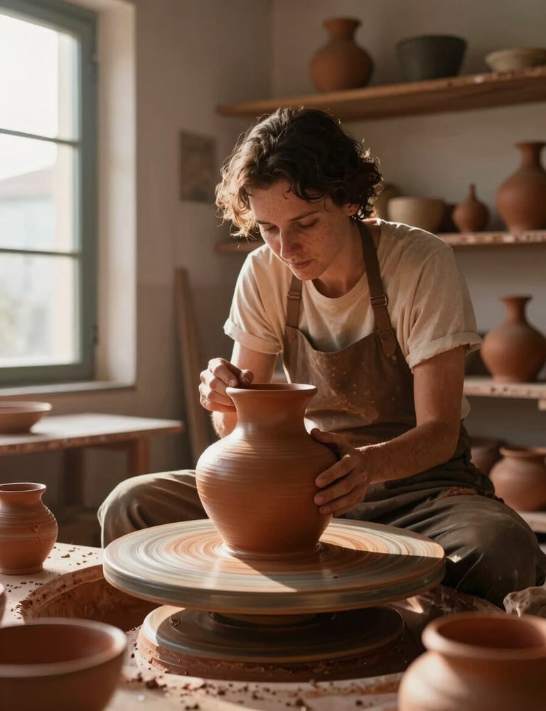 Artisanal pottery workshop in Portugal, warm terracotta clay, soft morning light filtering through a window, cinematic composition.