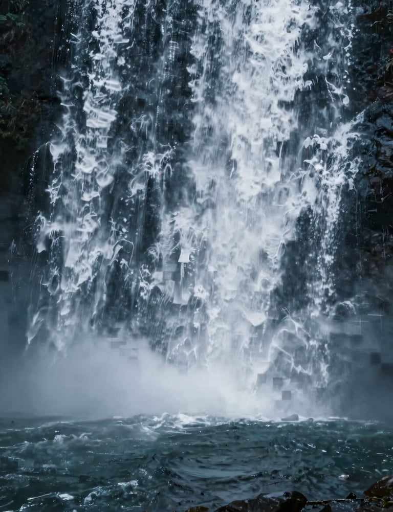 A high-fidelity cinematic stock clip preview of a flowing waterfall crashing into a dark pool. Dynamic, premium mood. Incorporating #1B263B, #415A77, #A0B0C0, #E0E1DD.